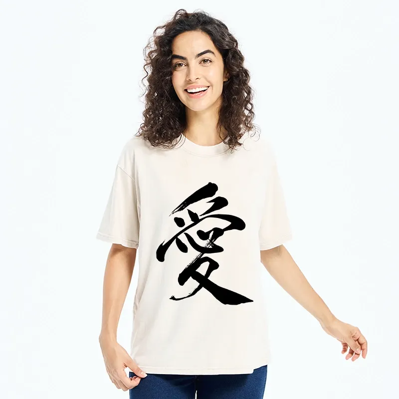 Tokyo-Tiger Japanese Kanji Love In Brush Strokes Washed T-Shirt