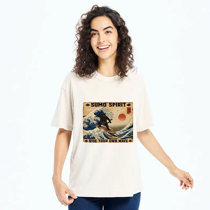 Tokyo-Tiger Sumo Cat Riding Its Own Wave Washed T-Shirt