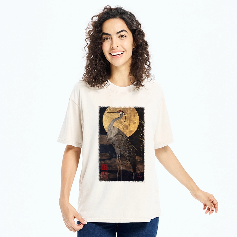 Tokyo-Tiger Golden Crane Under The Full Moon Washed T-Shirt