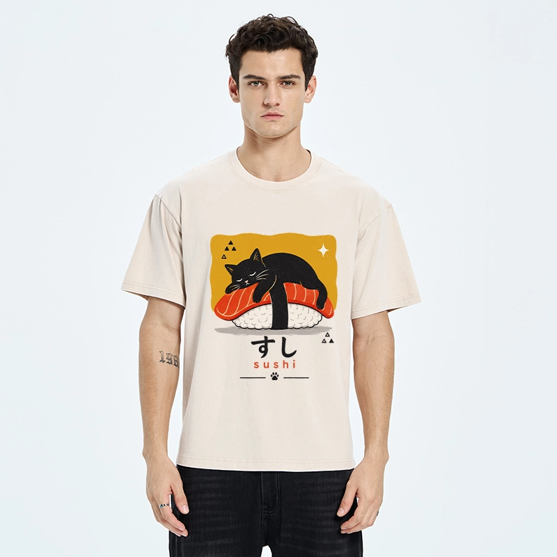 Tokyo-Tiger Black Cat Napping On Salmon Sushi Washed T-Shirt