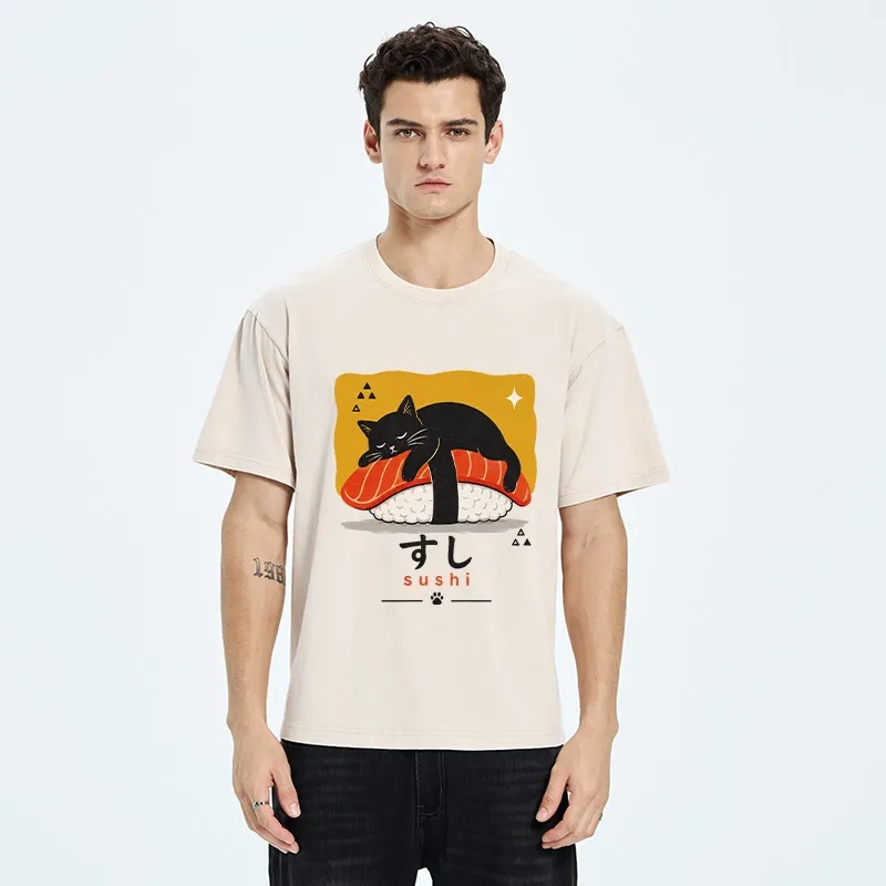 Tokyo-Tiger Black Cat Napping On Salmon Sushi Washed T-Shirt