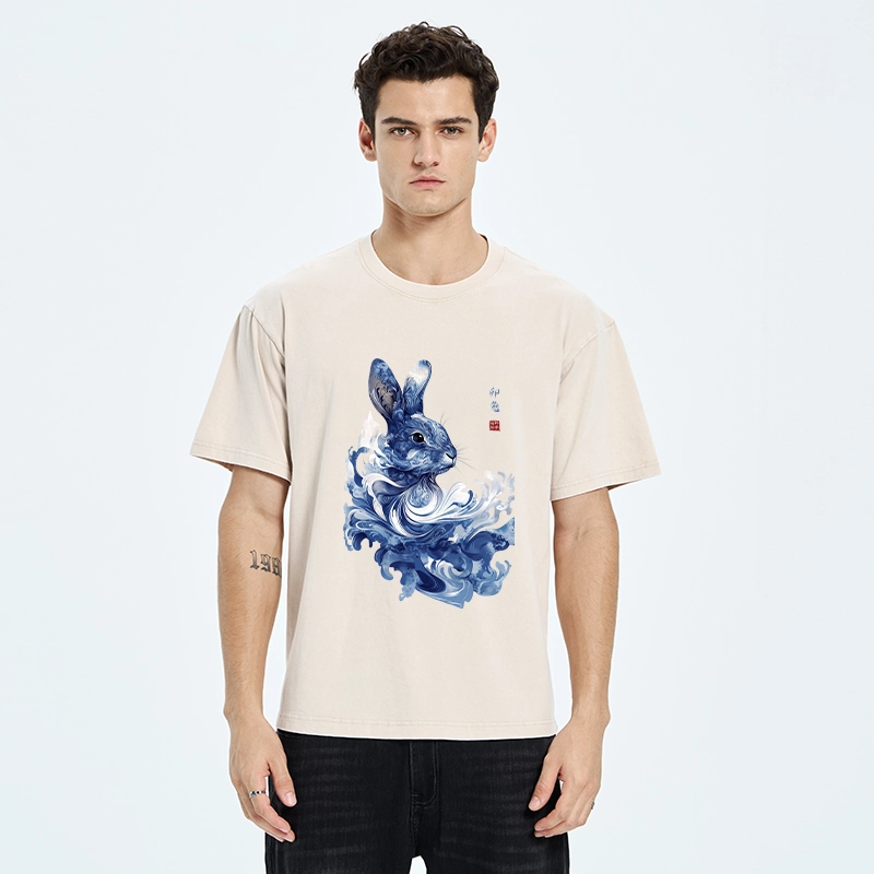 Tokyo-Tiger Blue And White Rabbit Art Washed T-Shirt