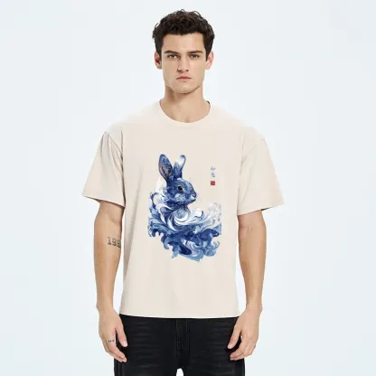 Tokyo-Tiger Blue And White Rabbit Art Washed T-Shirt