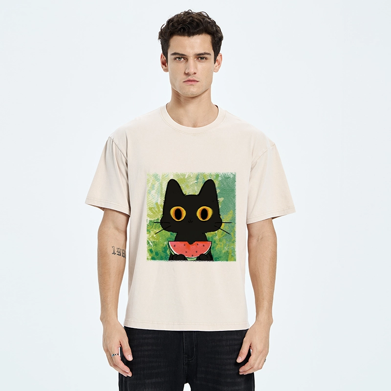Tokyo-Tiger Black Cat Loves Watermelon Washed T-Shirt