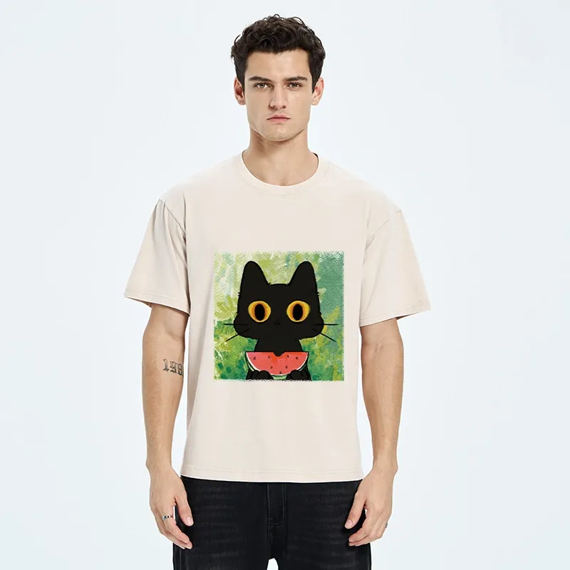 Tokyo-Tiger Black Cat Loves Watermelon Washed T-Shirt