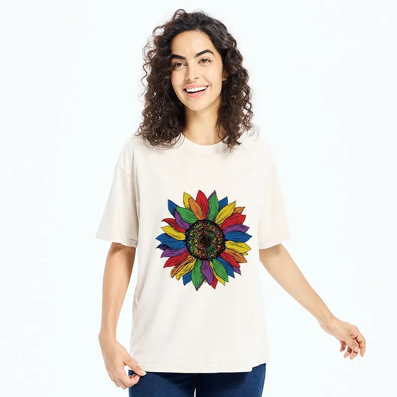 Tokyo-Tiger Rainbow Sunflower Pride Art Washed T-Shirt