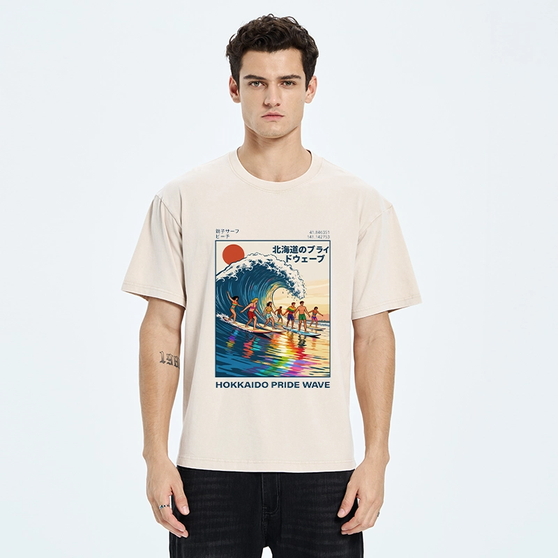 Tokyo-Tiger Hokkaido Pride Wave Surfing Fun Washed T-Shirt