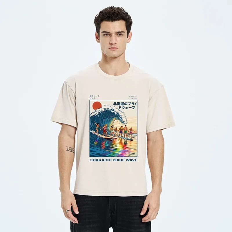 Tokyo-Tiger Hokkaido Pride Wave Surfing Fun Washed T-Shirt