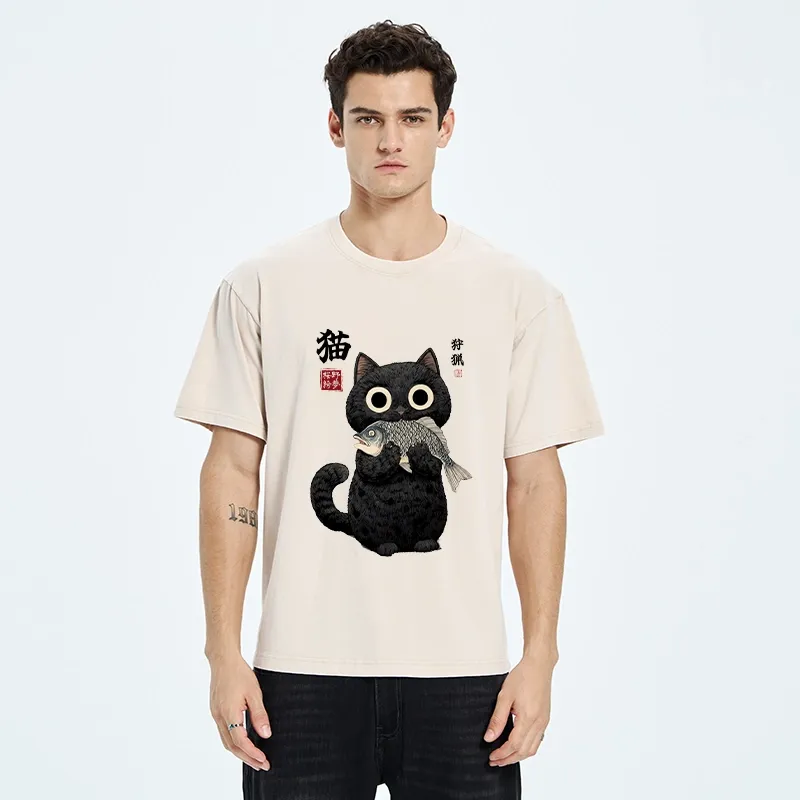 Tokyo-Tiger Black Cat Caught A Big Fish Washed T-Shirt