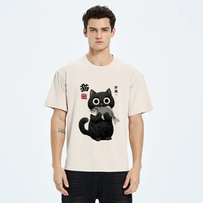 Tokyo-Tiger Black Cat Caught A Big Fish Washed T-Shirt