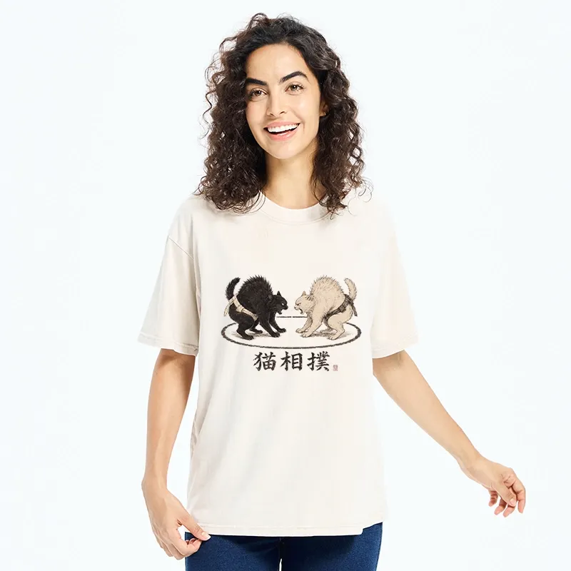 Tokyo-Tiger Cat Sumo Battle Funny Meme Washed T-Shirt