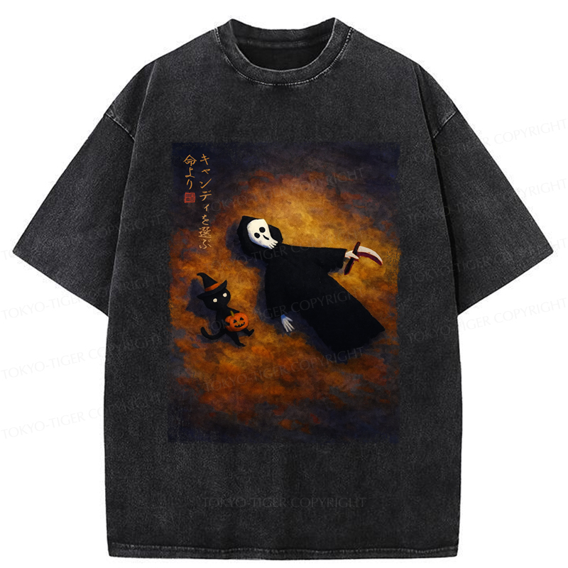 Tokyo-Tiger Skeleton And Cat Choose Candy Over Life On Halloween Washed T-Shirt