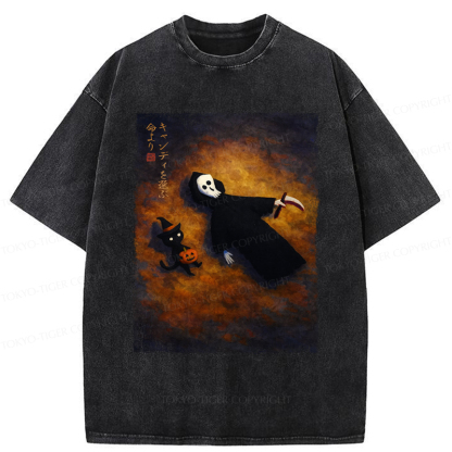 Tokyo-Tiger Skeleton And Cat Choose Candy Over Life On Halloween Washed T-Shirt