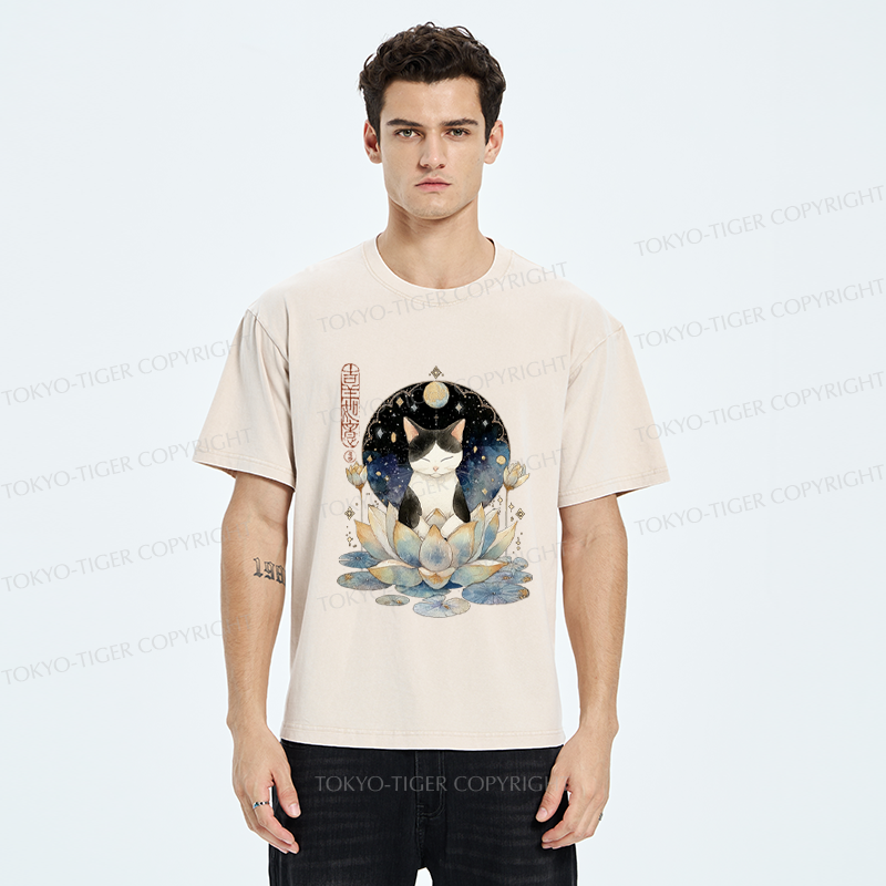 Tokyo-Tiger Funny Cat Lotus Zen Auspiciousness Washed T-Shirt