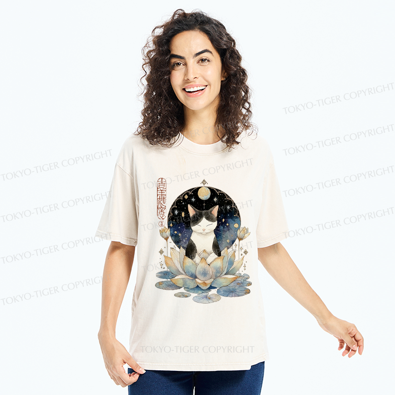 Tokyo-Tiger Funny Cat Lotus Zen Auspiciousness Washed T-Shirt