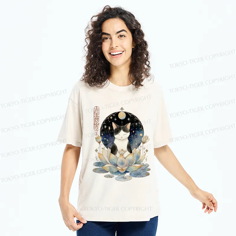 Tokyo-Tiger Funny Cat Lotus Zen Auspiciousness Washed T-Shirt