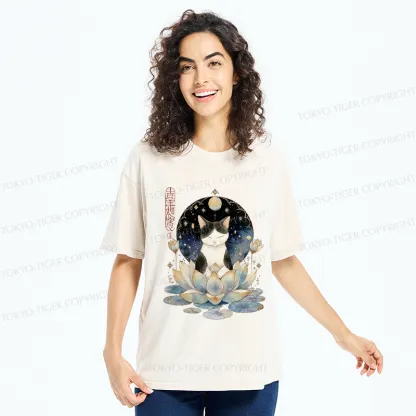 Tokyo-Tiger Funny Cat Lotus Zen Auspiciousness Washed T-Shirt