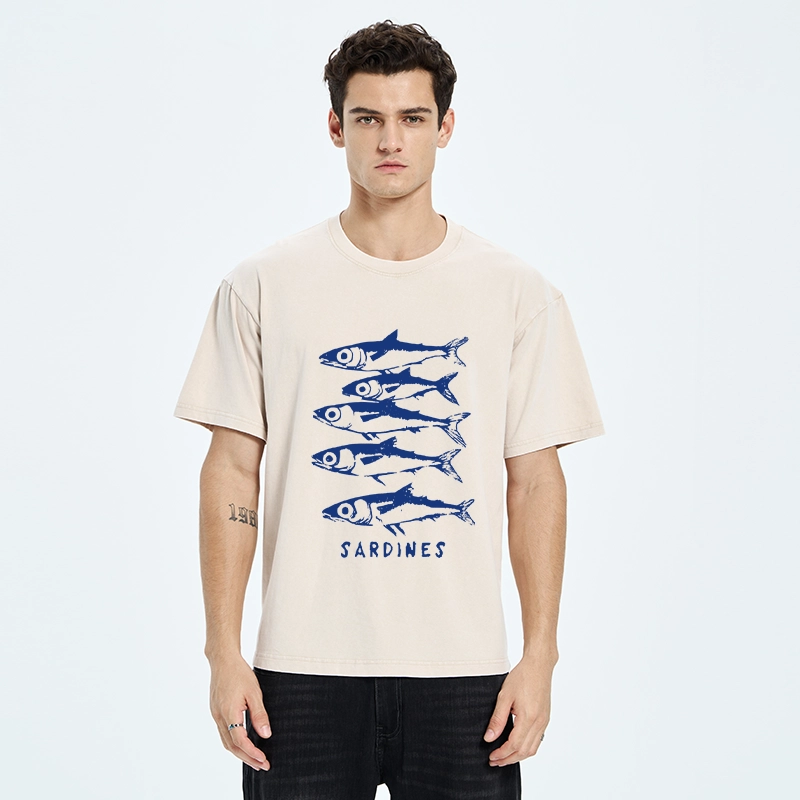 Tokyo-Tiger Blue And White Sardines Linocut Art Washed T-Shirt