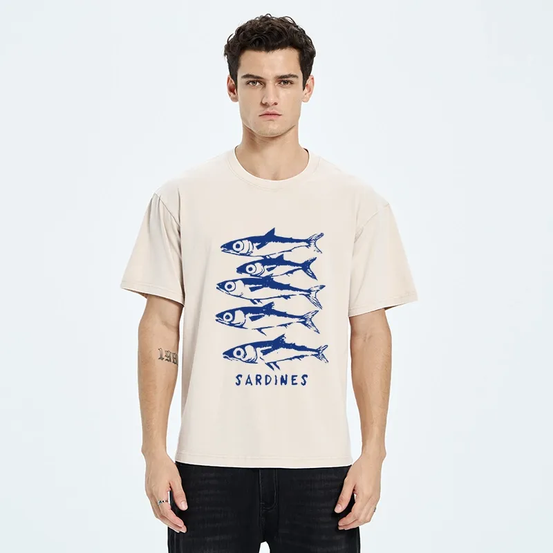 Tokyo-Tiger Blue And White Sardines Linocut Art Washed T-Shirt