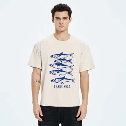 Tokyo-Tiger Blue And White Sardines Linocut Art Washed T-Shirt