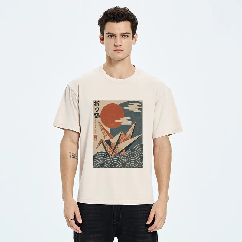 Tokyo-Tiger Japanese Origami Crane Vintage Print Washed T-Shirt
