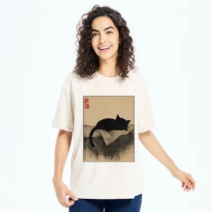 Tokyo-Tiger Sleeping Black Cat In Ink Wash Style Washed T-Shirt