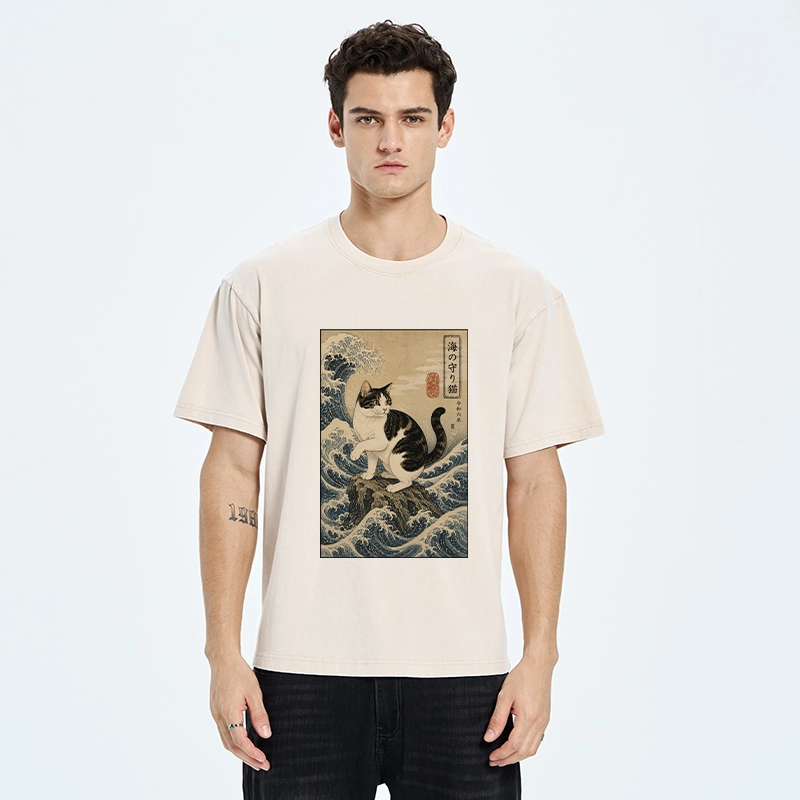 Tokyo-Tiger Sea Guardian Cat In Great Wave Art Washed T-Shirt