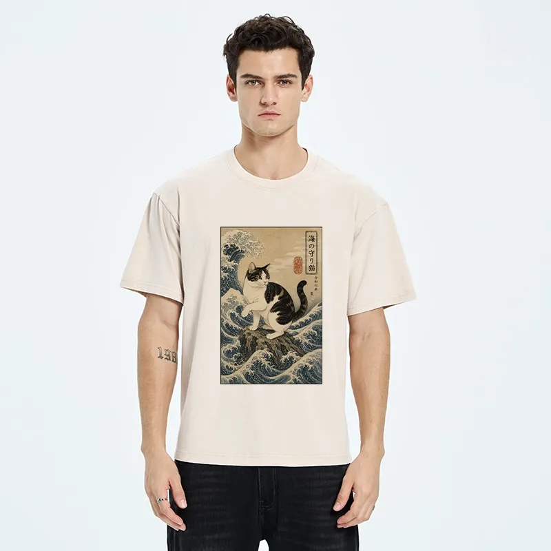 Tokyo-Tiger Sea Guardian Cat In Great Wave Art Washed T-Shirt