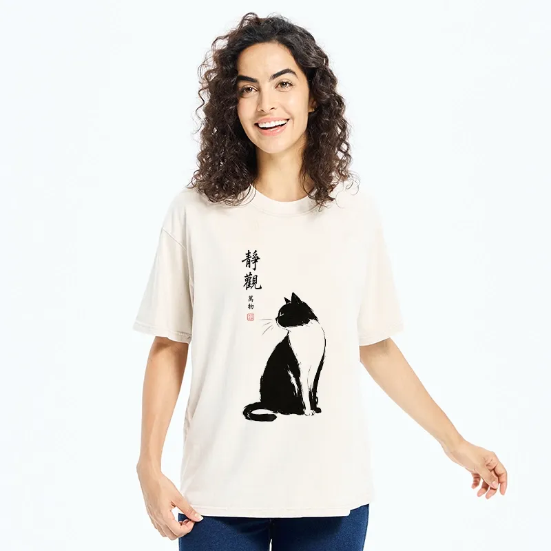Tokyo-Tiger Calm Black And White Cat Washed T-Shirt