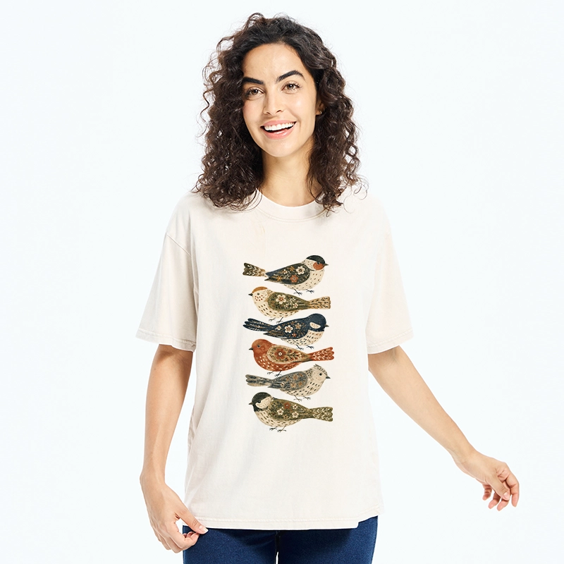 Tokyo-Tiger Colorful Folk Birds In Earthy Tones Washed T-Shirt