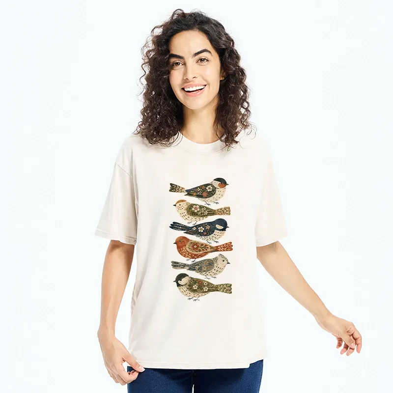 Tokyo-Tiger Colorful Folk Birds In Earthy Tones Washed T-Shirt