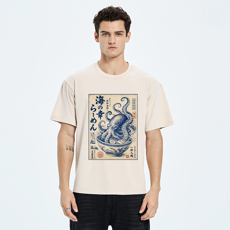 Tokyo-Tiger Vintage Octopus Ramen Japanese Poster Washed T-Shirt