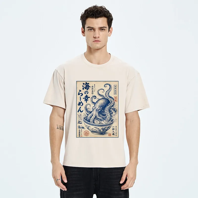 Tokyo-Tiger Vintage Octopus Ramen Japanese Poster Washed T-Shirt