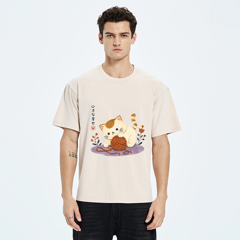 Tokyo-Tiger Cute Watercolor Cat Playing With Yarn Washed T-Shirt