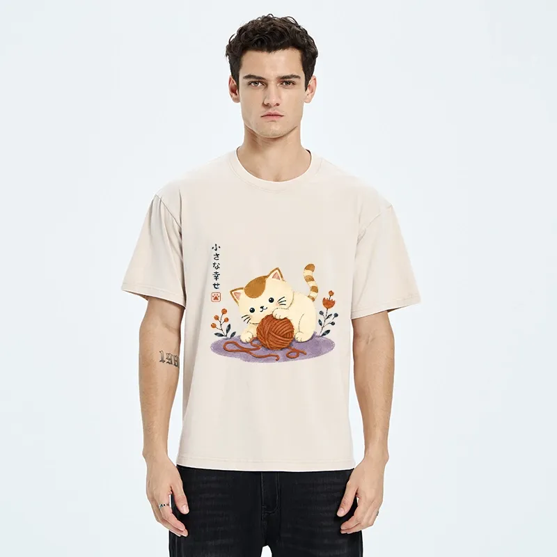 Tokyo-Tiger Cute Watercolor Cat Playing With Yarn Washed T-Shirt