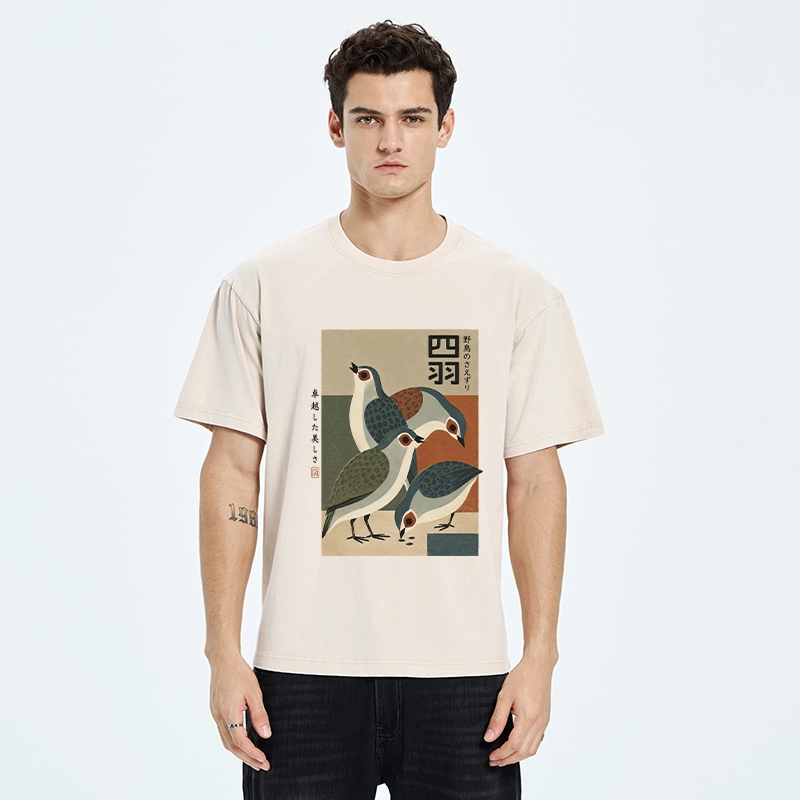 Tokyo-Tiger Four Birds In Vintage Japanese Style Washed T-Shirt