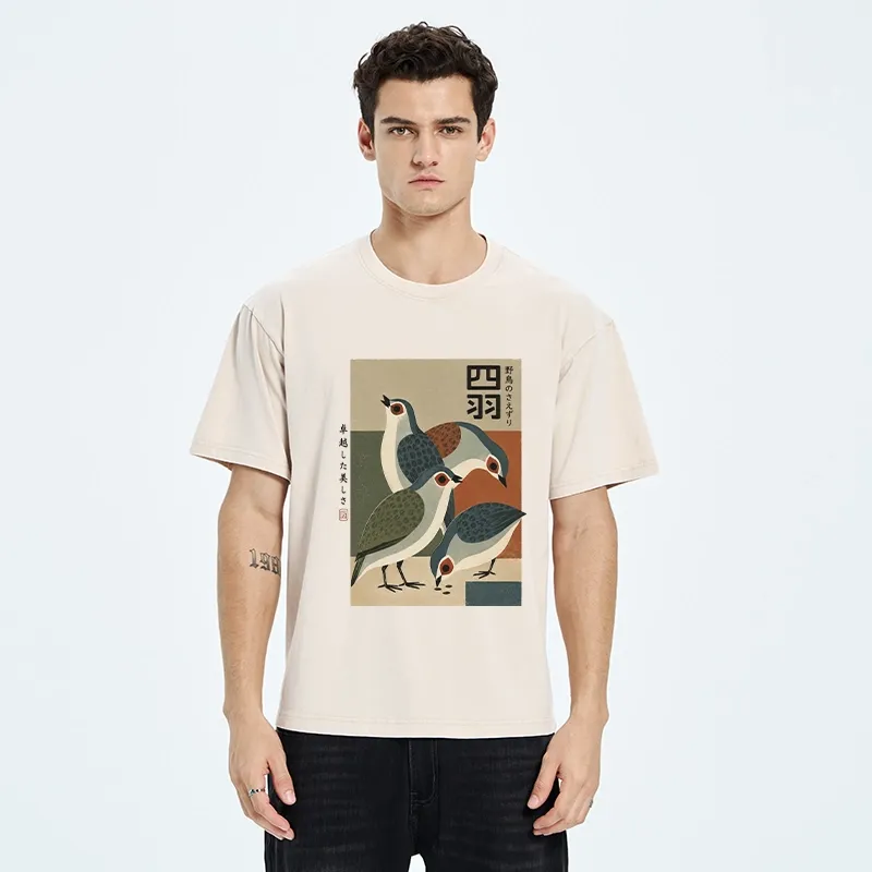 Tokyo-Tiger Four Birds In Vintage Japanese Style Washed T-Shirt