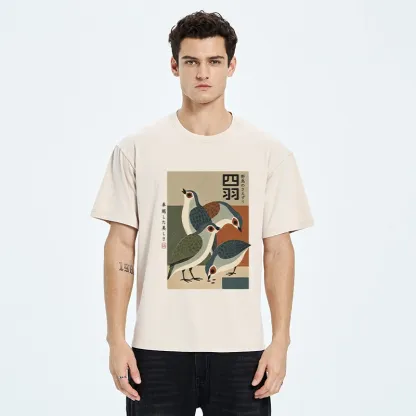 Tokyo-Tiger Four Birds In Vintage Japanese Style Washed T-Shirt