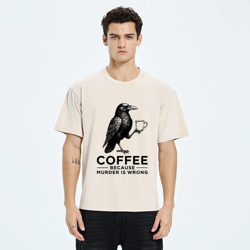 Tokyo-Tiger Raven Holding Coffee Life Mood Washed T-Shirt