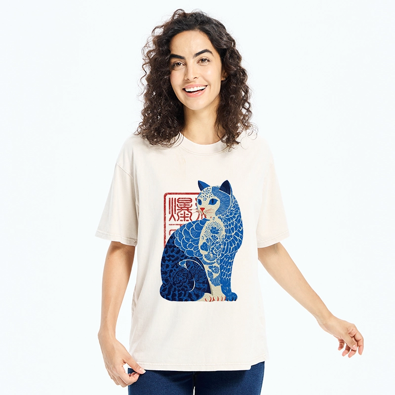 Tokyo-Tiger Blue And White Cat Print Art Washed T-Shirt