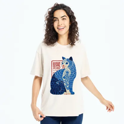 Tokyo-Tiger Blue And White Cat Print Art Washed T-Shirt