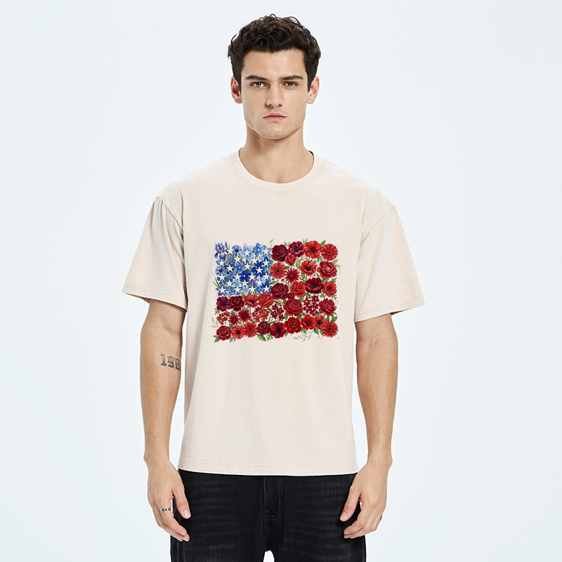 Tokyo-Tiger Floral American Flag Watercolor Art Washed T-Shirt