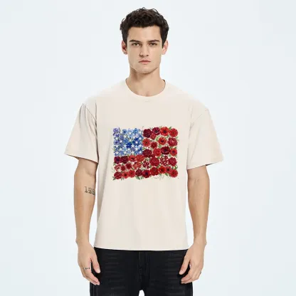 Tokyo-Tiger Floral American Flag Watercolor Art Washed T-Shirt