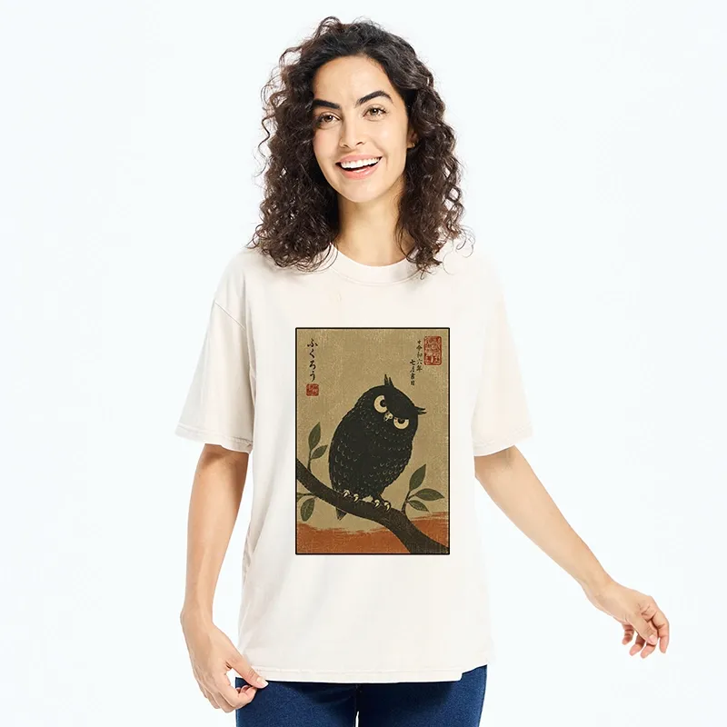 Tokyo-Tiger Traditional Black Owl Art Vibe Washed T-Shirt