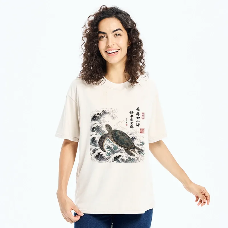 Tokyo-Tiger Lucky Turtle With Calligraphy Art Washed T-Shirt