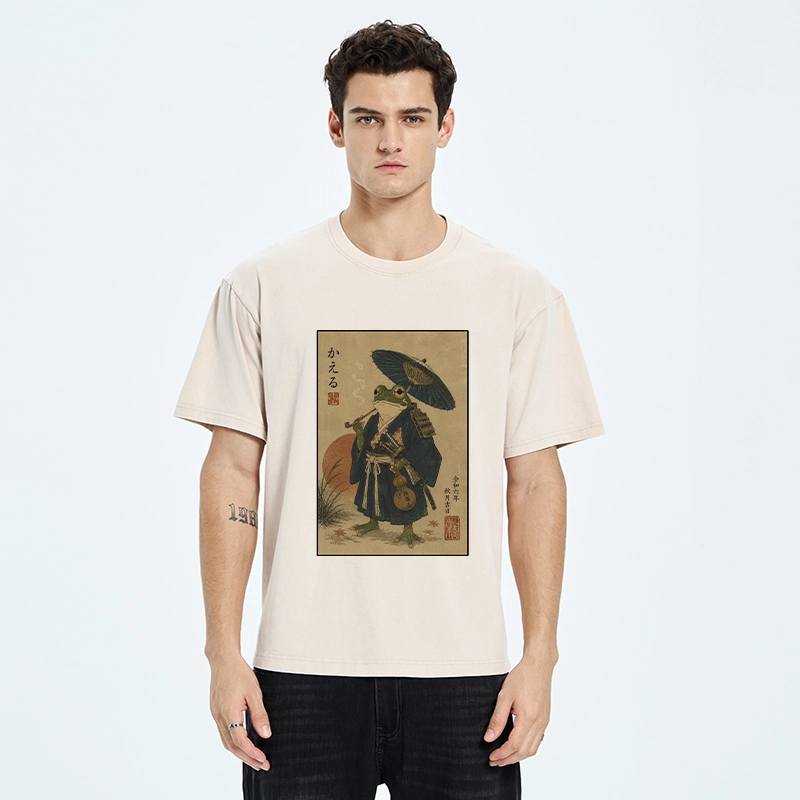 Tokyo-Tiger Cool Frog Samurai In Kimono Washed T-Shirt