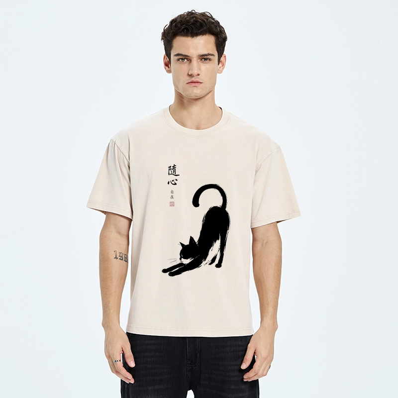 Tokyo-Tiger Zen Ink Wash Cat Stretching Art Washed T-Shirt