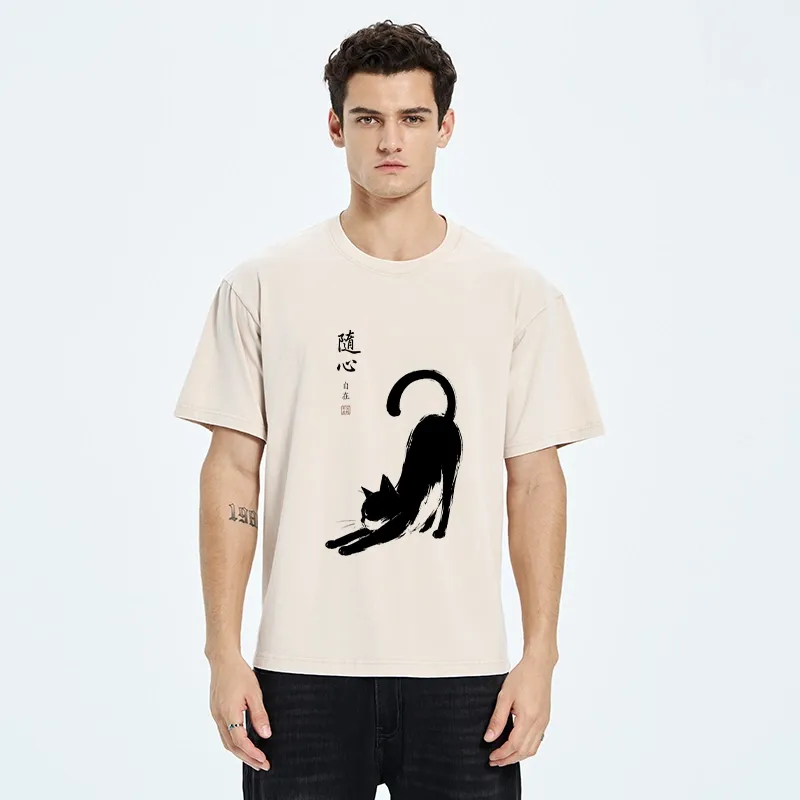 Tokyo-Tiger Zen Ink Wash Cat Stretching Art Washed T-Shirt