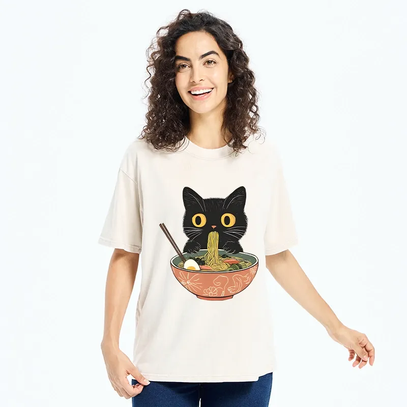 Tokyo-Tiger Black Cat Focused On Ramen Feast Washed T-Shirt