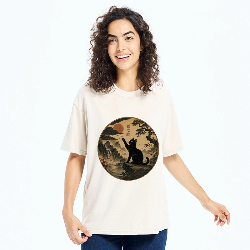 Tokyo-Tiger Serene Nature Scene Of Curious Ink Black Cat Washed T-Shirt